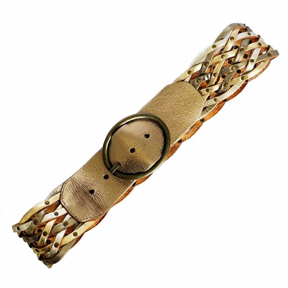 Fossil Wide Woven Braided Silver Gold Leather Belt - Picture 1 of 8